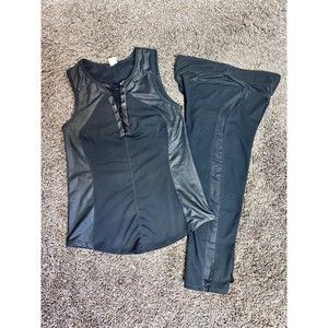 Fabletics Black Leggings XS Tank Top S Set Faux Leather Accents Corset Lace Up